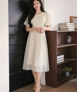 Elegant Short Sleeve Chiffon Midi Dress